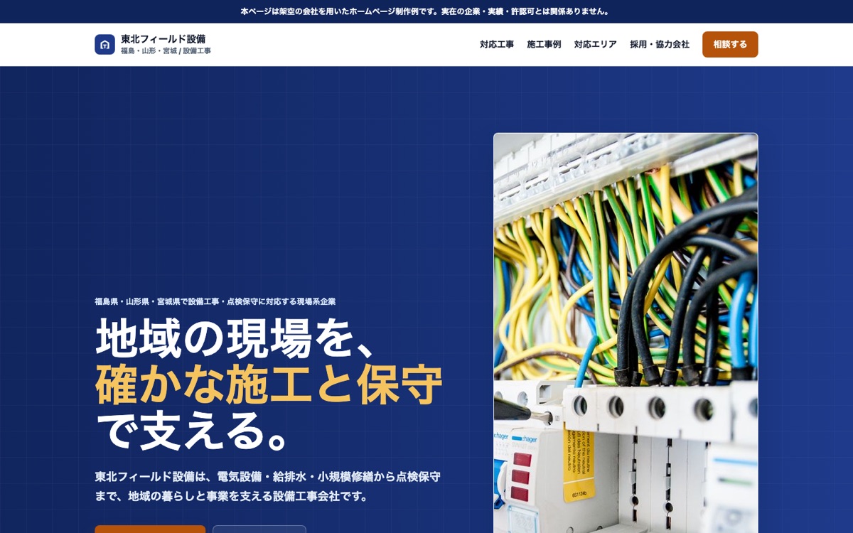 設備工事会社を想定したホームページ制作例のPC表示